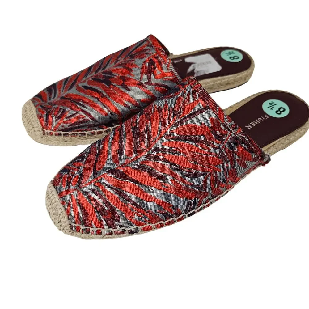 Marc Fisher Gift Espadrille Mules 8.5 Orange Grey Jacquard‎ Palm Leaves Slip On